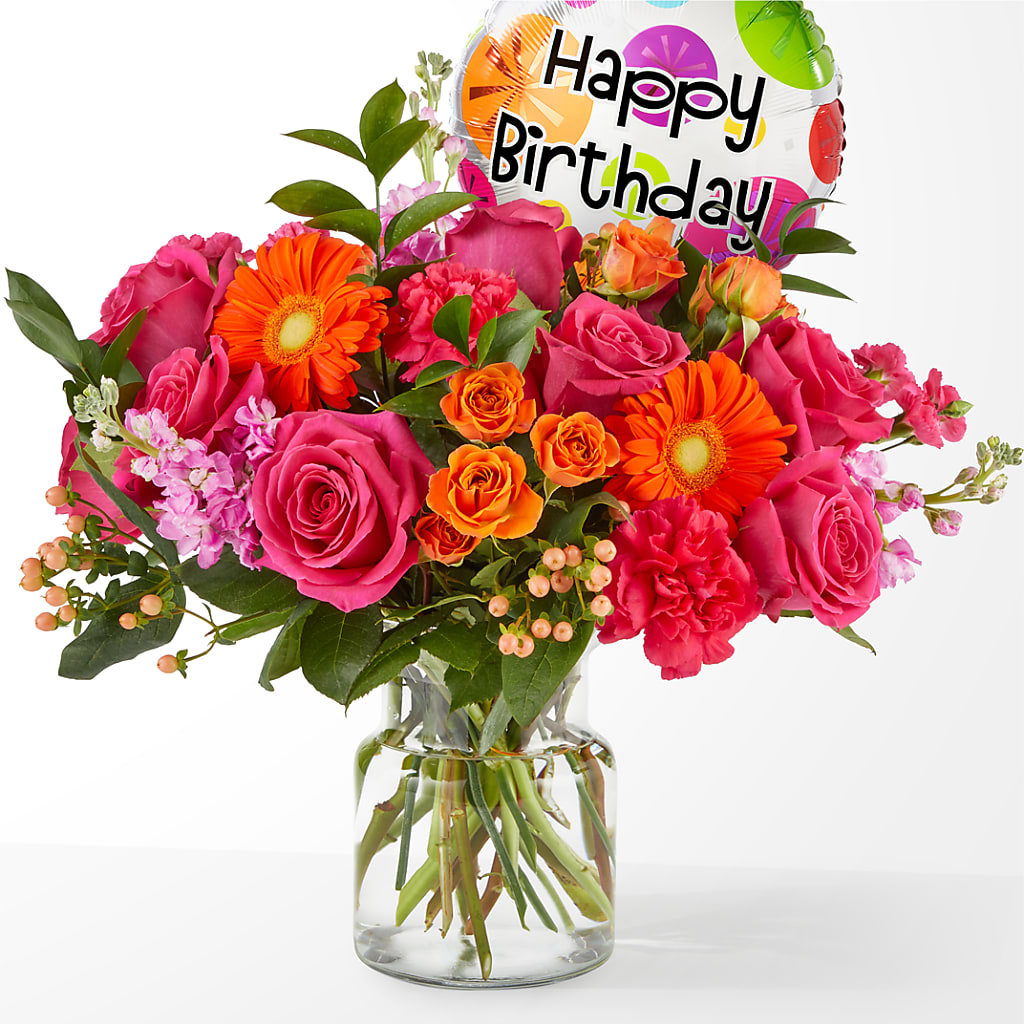 Fiesta Bouquet with Birthday Balloon – The Arrangement Smiles Unlimited Llc, Anderson IN