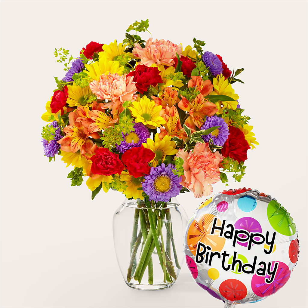 Kaleidoscope Bouquet with Birthday Balloon – The Arrangement Smiles Unlimited Llc, Anderson IN
