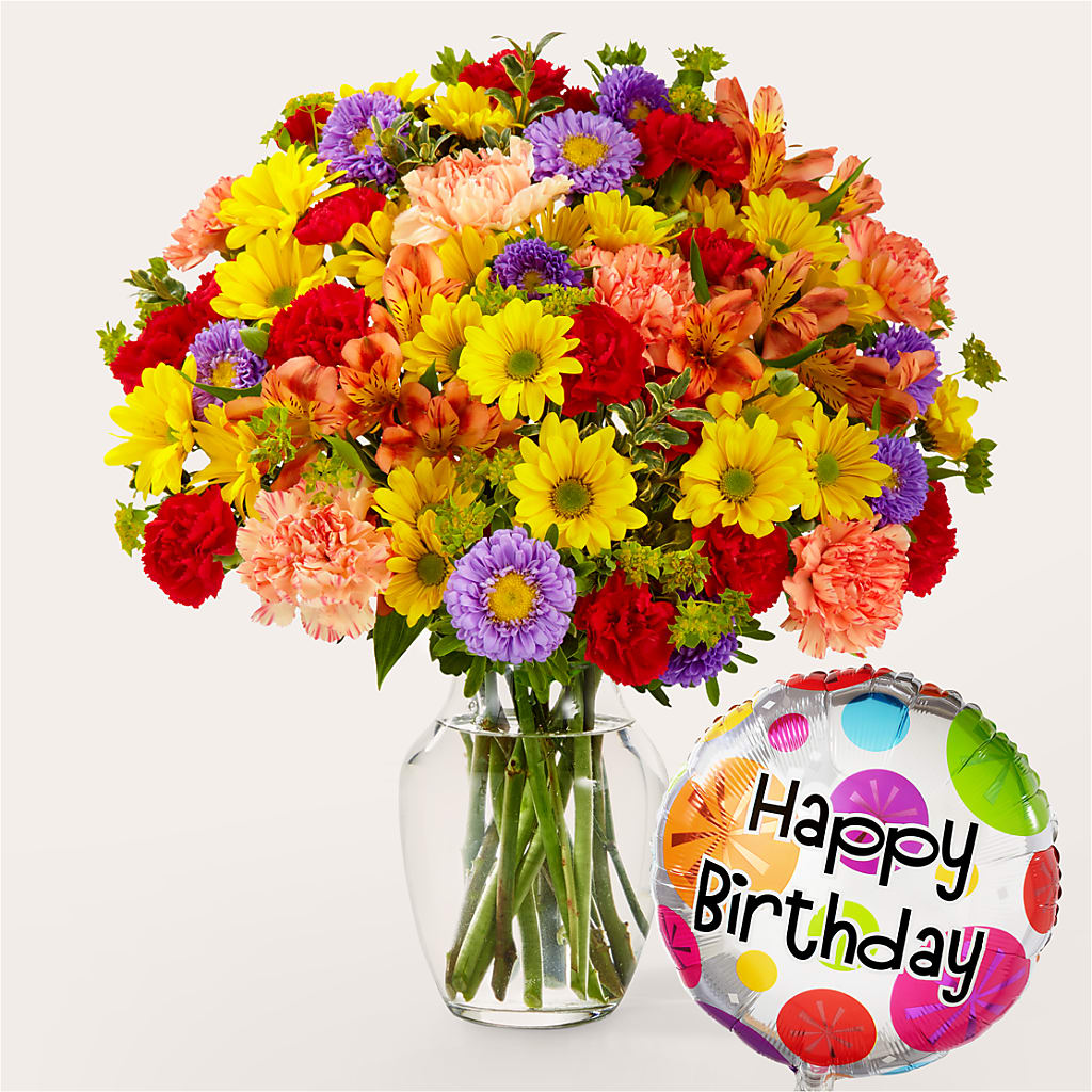 Kaleidoscope Bouquet with Birthday Balloon – The Arrangement Smiles Unlimited Llc, Anderson IN