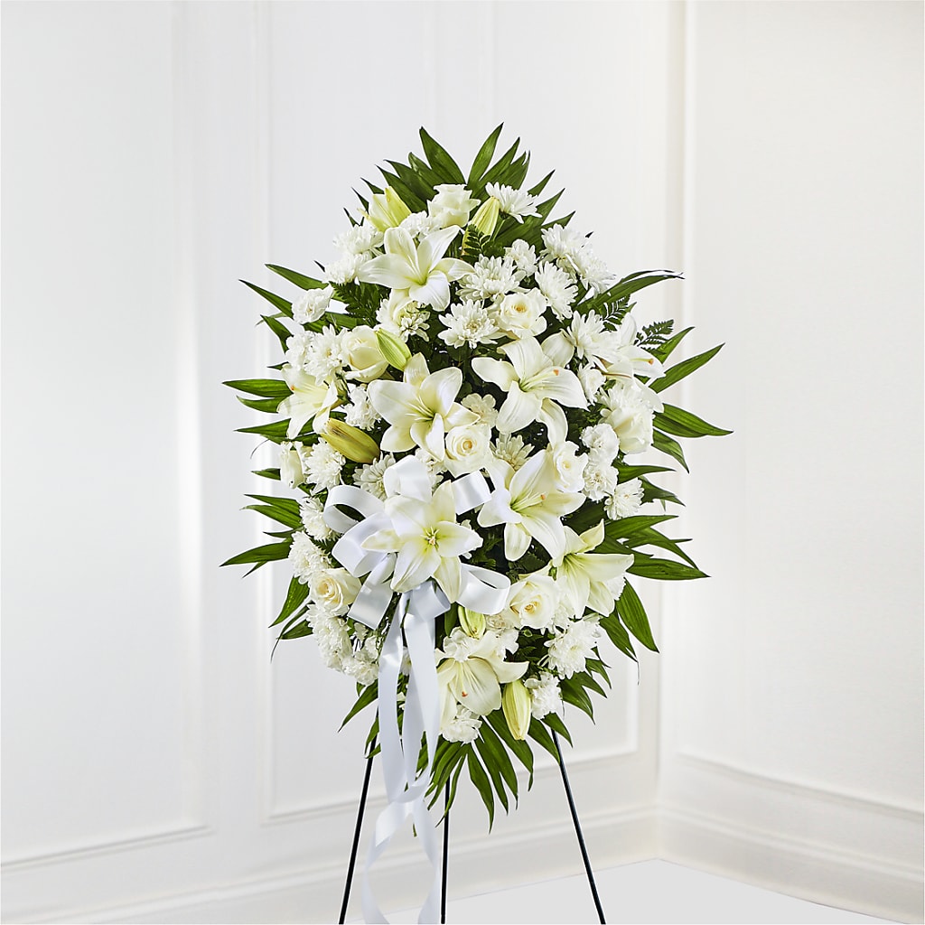 Exquisite Tribute Standing Spray-White Ribbon – The Arrangement Smiles Unlimited Llc, Anderson IN