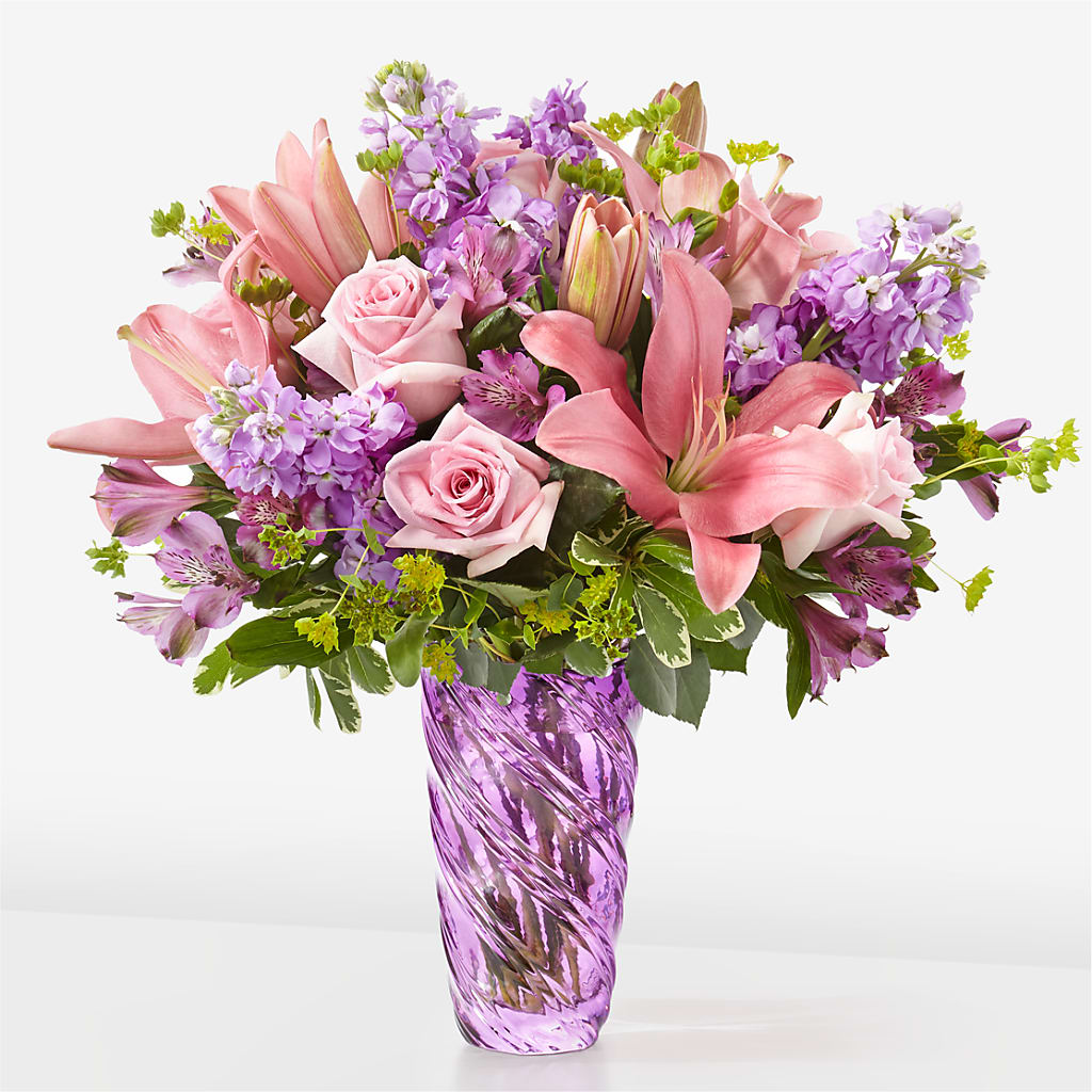 Precious Petals Bouquet with Luxe Swirl Vase – The Arrangement Smiles Unlimited Llc, Anderson IN