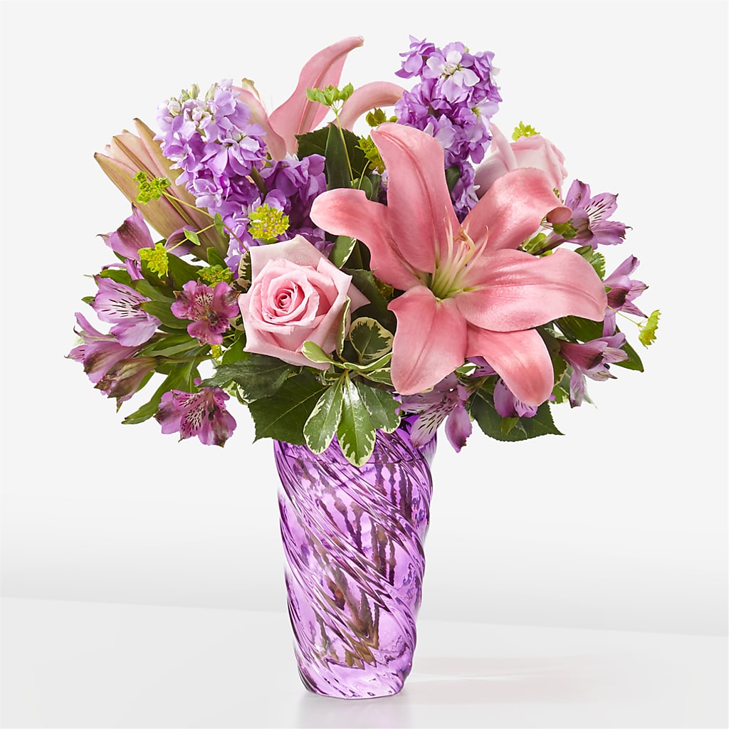 Precious Petals Bouquet with Luxe Swirl Vase – The Arrangement Smiles Unlimited Llc, Anderson IN